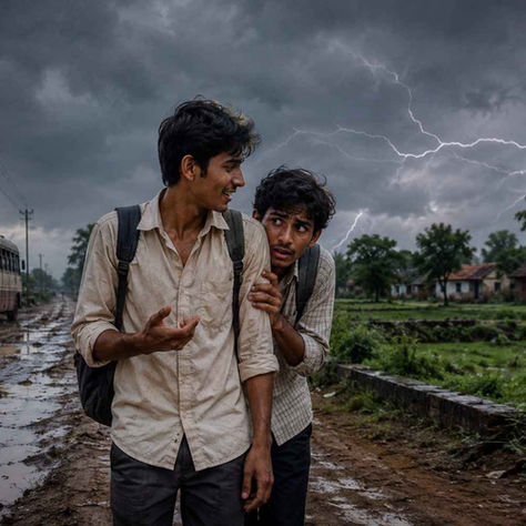 వానాకాలంలో మెరుపులకు భయపడుతున్న సాంబయ్యను స్నేహితుడు సరదాగా మాట్లాడిస్తూ గ్రామానికి తీసుకెళ్తున్న దృశ్యం