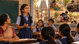 శ్రీలేఖ పేదలకు సహాయం చేయడం, జంతువులను ప్రేమించడం గురించి తరగతి గదిలో వివరిస్తున్న దృశ్యం