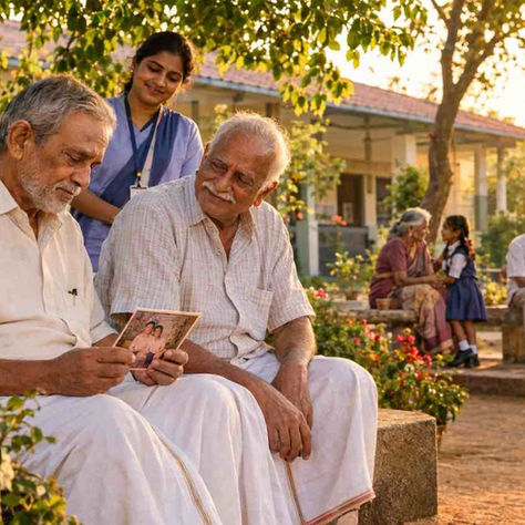 హైదరాబాద్ సమీపంలోని వృద్ధాశ్రమంలో వేపచెట్టు కింద కూర్చుని స్నేహాన్ని పంచుకుంటున్న వృద్ధులు రామయ్య, నారాయణ.