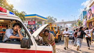 విచలితుడి విచిత్రమైన రోజు తెలుగు హాస్య కథకు సంబంధించిన చిత్రం – ఇబ్బందుల్లో చిక్కుకున్న విచలితుడు ఆంబులెన్స్లో ఉండగా, రోడ్డుపై ట్రాఫిక్ పోలీసులు మరియు ఇతర వ్యక్తులు కనిపిస్తున్నారు.