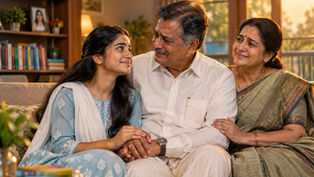 రాఘవ్, సావిత్రి తమ జీవితంలోకి వచ్చిన చిన్ని చేతిని ప్రేమగా పట్టుకుని కూర్చున్న భావోద్వేగ దృశ్యం.