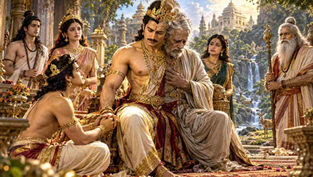 యయాతి వార్ధక్యం, పూరుడి పితృభక్తి మరియు కచ దేవయాని వృత్తాంతాన్ని చూపించే పౌరాణిక దృశ్యం