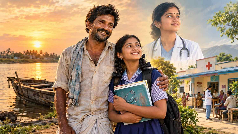 కూతురి డాక్టర్ కలను నెరవేర్చేందుకు త్యాగం చేసిన తండ్రి రాఘవయ్యతో నది ఒడ్డున నిలబడి ఉన్న వాణి