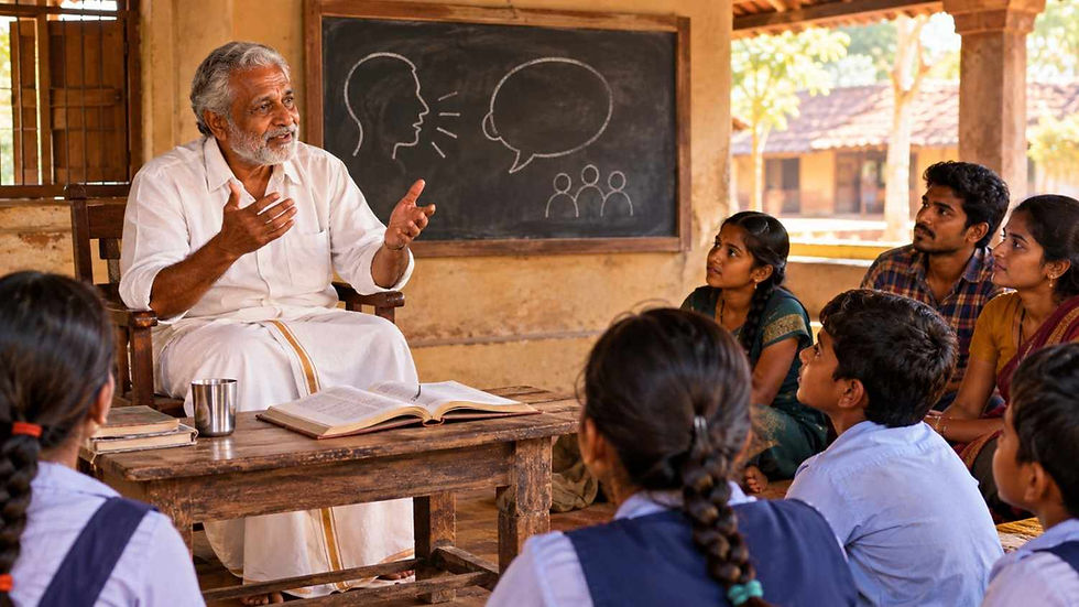 మాటల మజాకా తెలుగు నీతి కథలో మాటల విలువ, వాక్చాతుర్యం గురించి పిల్లలకు వివరిస్తున్న వృద్ధ కథకుడు.