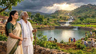 కరువు నుంచి నీటి సంరక్షణతో పచ్చగా మారిన గ్రామాన్ని తాతతో కలిసి చూస్తున్న మేఘన