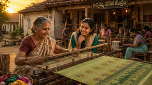 తెలంగాణ గ్రామంలో మగ్గంపై చేనేత చీర నేస్తున్న లచ్చమ్మ, ఆమె చుట్టూ చేనేత నేర్చుకుంటున్న యువతులు