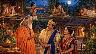 గురుకులంలో నలుగురు రాజకుమారులు సాధన చేస్తున్న దృశ్యం – కృషి పట్టుదలతోనే విజయం అనే సందేశాన్ని వివరిస్తున్న గురువు