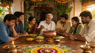 ఉగాది పచ్చడిలోని ఆరు రుచులను జీవితంలోని ఆరు భావోద్వేగాలతో పోల్చి కుటుంబానికి జీవిత సత్యాన్ని వివరిస్తున్న రామయ్య