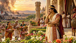 కళింగ యుద్ధం తర్వాత అహింసా మార్గాన్ని ఎంచుకున్న అశోకుడు ప్రజలతో కలిసి పూల బుట్టల ద్వారా శాంతి సందేశాన్ని అందిస్తున్న దృశ్యం