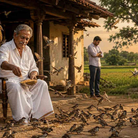 పిచ్చుకలకు ధాన్యం వేస్తున్న రైతు చంద్రశేఖరం, చుట్టూ గుంపుగా చేరిన పిచ్చుకలు మరియు వెనుక పచ్చని పంట పొలాలు