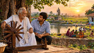 మన మహాత్ముడు కథలో రాఘవయ్య చరఖాతో గ్రామస్థులకు స్వావలంబన, గ్రామ స్వరాజ్యం గురించి స్ఫూర్తినిస్తున్న దృశ్యం