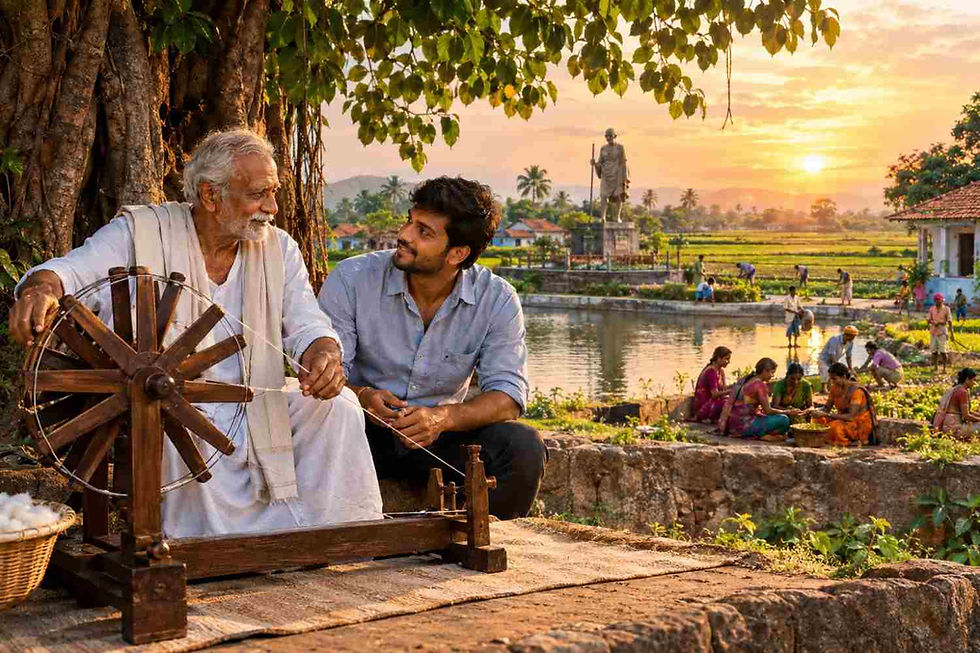 మన మహాత్ముడు కథలో రాఘవయ్య చరఖాతో గ్రామస్థులకు స్వావలంబన, గ్రామ స్వరాజ్యం గురించి స్ఫూర్తినిస్తున్న దృశ్యం