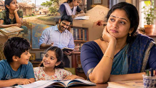 చదువు విలువ తెలుసుకున్న తల్లి తన పిల్లలు ఇంగ్లీష్ చదువుతుండగా ఆశగా చూస్తున్న దృశ్యం