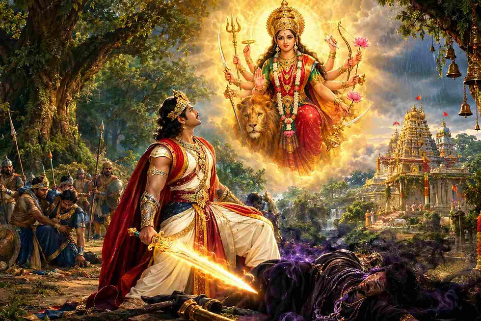 శ్రీ జగదాంబికా కటాక్షం కథలో దివ్య ఖడ్గంతో మాంత్రికుడిని సంహరించిన జయనాథుడికి అష్టభుజ దుర్గారూపంలో దర్శనమిచ్చిన జగన్మాత