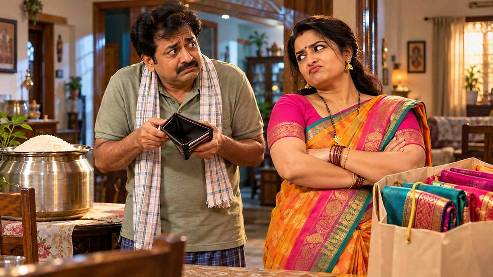 అలిగిన భార్య సుజాతను సముదాయించడానికి ప్రయత్నిస్తున్న భర్త, పక్కన ఖాళీగా మారిన అతని జేబు మరియు కొత్త చీరల షాపింగ్‌కు సూచనగా చీరల సంచి