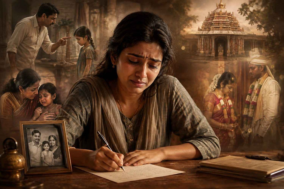 తల్లికి తన జీవితంలోని బాధలు, బాల్య భయాలు, పెళ్లి జీవితంలోని కష్టాలను ఉత్తరంగా రాస్తున్న లక్ష్మి