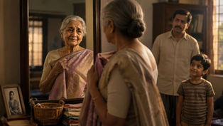 “తన కోసం కొత్త చీరను ఎంచుకుని అద్దంలో తనను తాను చూసుకుంటున్న వృద్ధ తెలుగు తల్లి”