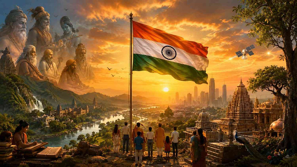 80వ స్వాతంత్ర్య దినోత్సవాన్ని పురస్కరించుకుని భారతదేశ సంస్కృతి, ఆధ్యాత్మిక వారసత్వం, ప్రకృతి మరియు ఆధునిక అభివృద్ధిని ప్రతిబింబించే త్రివర్ణ పతాక దృశ్యం
