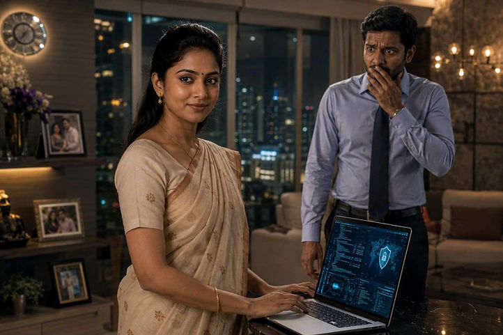 మౌన ముద్ర తెలుగు కథలో భార్య శ్రావణి సైబర్సెక్యూరిటీ నిపుణురాలని తెలుసుకుని పశ్చాత్తాపపడుతున్న అభిరామ్