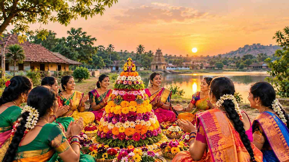 తెలంగాణ బతుకమ్మ పండుగలో రంగురంగుల సహజ పూలతో అలంకరించిన బతుకమ్మ చుట్టూ సంప్రదాయ దుస్తుల్లో పాటలు పాడుతూ సంబరాలు జరుపుకుంటున్న మహిళలు