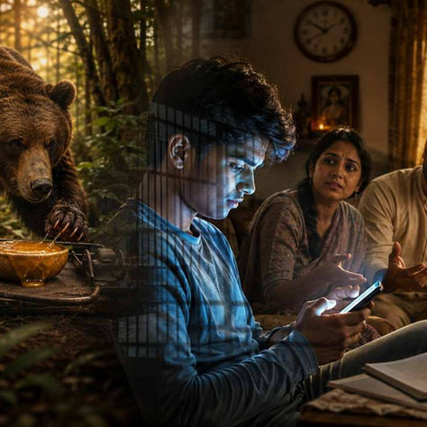 స్మార్ట్‌ఫోన్‌కు బానిస కాకుండా ఫోన్‌ను నియంత్రించాలనే సందేశంతో ఎలుగుబంటి తేనె ఉచ్చు మరియు ఫోన్ చూస్తున్న వ్యక్తి దృశ్యం