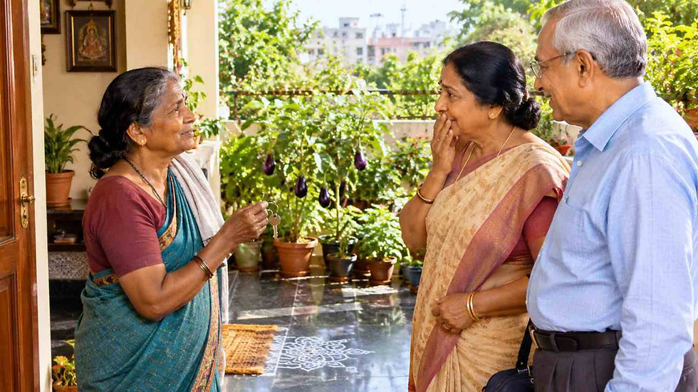 పాత పనిమనిషి రంగమ్మ ఇంటి తాళం తిరిగి ఇస్తూ, సుభద్ర దంపతులకు వారి ఇంటి మొక్కలను కాపాడిన విషయం చెబుతున్న దృశ్యం.
