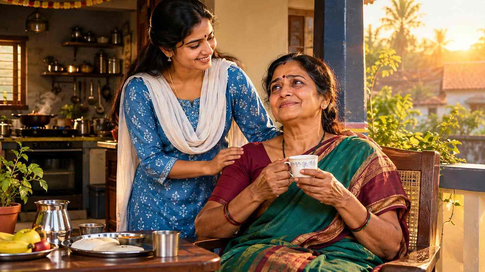 అమ్మకు విశ్రాంతి లేదు తెలుగు కథలో తల్లి సరస్వతమ్మకు టీ అందిస్తూ ఆమెకు విశ్రాంతి కల్పిస్తున్న కూతురు మీనా.