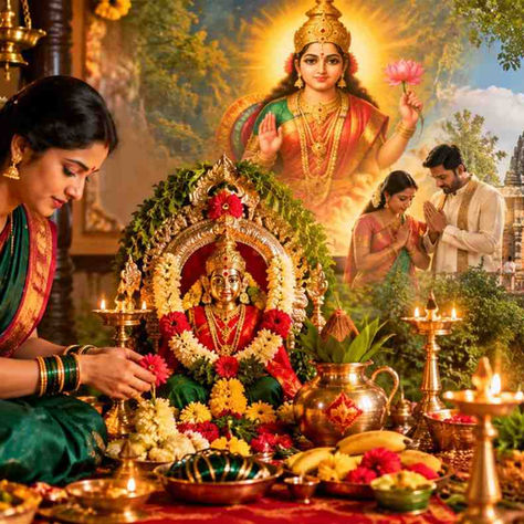 శ్రావణమాసంలో మంగళ గౌరి వ్రతం చేస్తున్న తెలుగు వివాహిత మహిళ