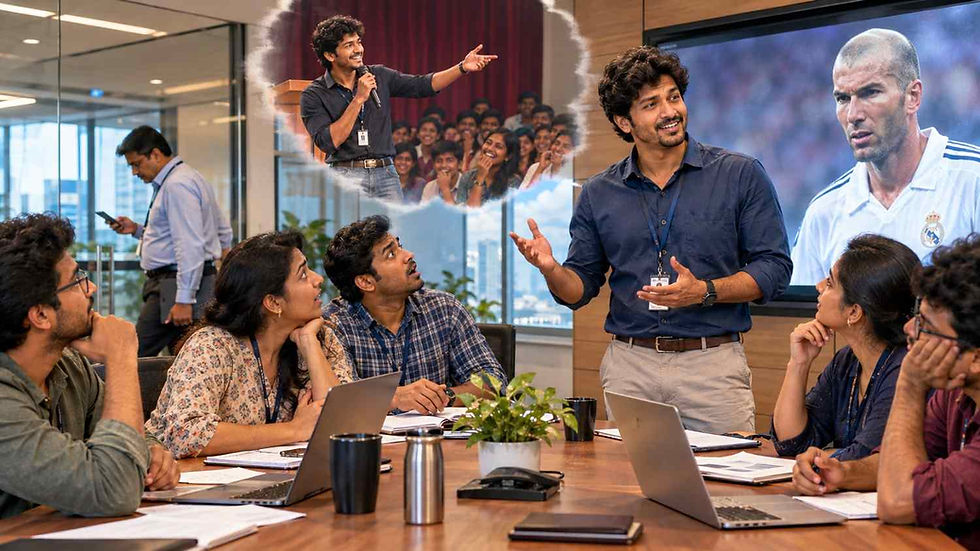 జీదాన్ గురించి అనర్గళంగా మాట్లాడుతున్న అనుపమ్ను ఆశ్చర్యంగా చూస్తున్న ఆఫీస్ టీమ్, సడన్గా వెళ్లిపోయిన మేనేజర్తో కూడిన హాస్య సన్నివేశం.