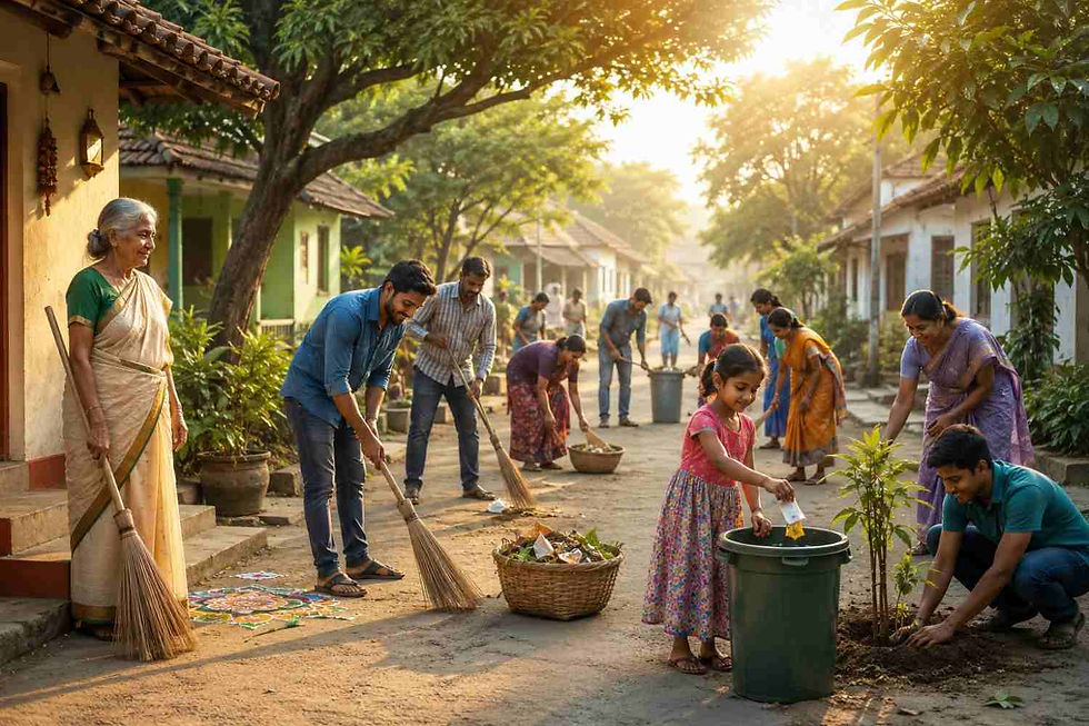 శుభ్రంగా మారిన తెలుగు గ్రామ వీధిలో సీతమ్మతో కలిసి యువకులు, గ్రామస్థులు మరియు పిల్లలు పరిసరాలను శుభ్రంగా ఉంచుతున్న దృశ్యం