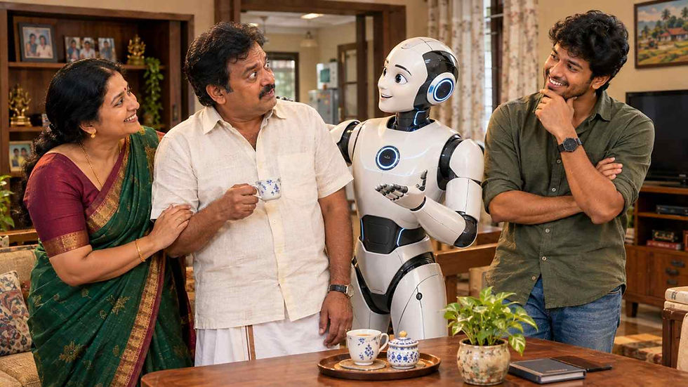 వీరభద్రం తన కుటుంబంతో కలిసి AI మరమనిషి యంత్రుడిని చూసి ఆనందిస్తున్న దృశ్యం