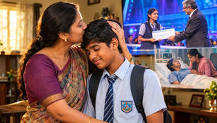 అమ్మకోసం తెలుగు నీతి కథలో త్యాగం చేసిన కార్తీక్ను ప్రేమగా అభినందిస్తున్న తల్లి వీణాధరి.
