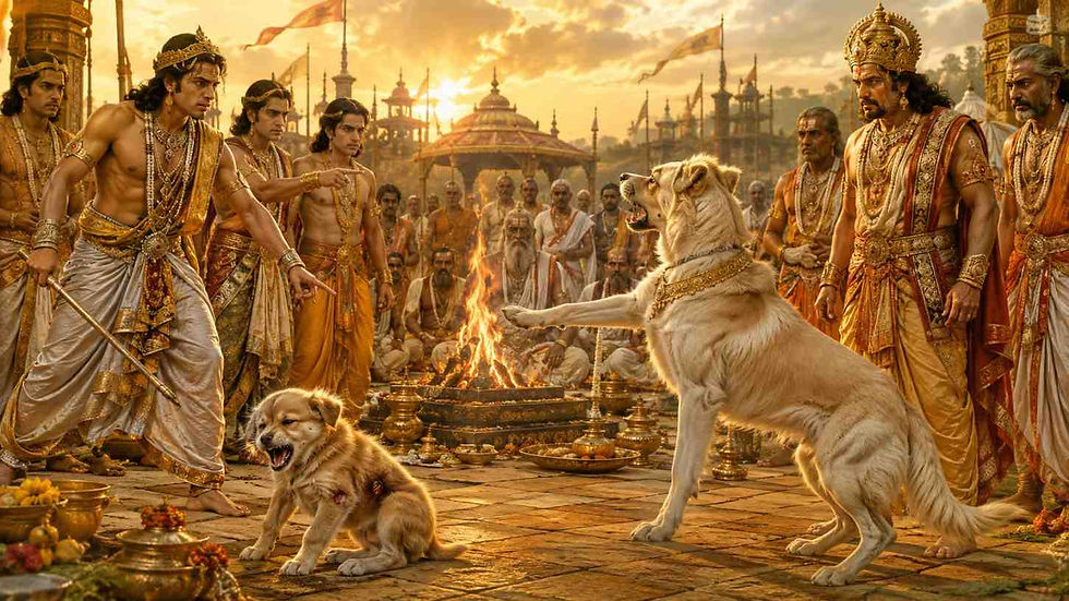 మహాభారతంలోని జనమేజయుని యజ్ఞం వద్ద నిరపరాధ శునకాన్ని హింసించిన ఘటనకు సరమ శాపం ఇస్తున్న దృశ్యం