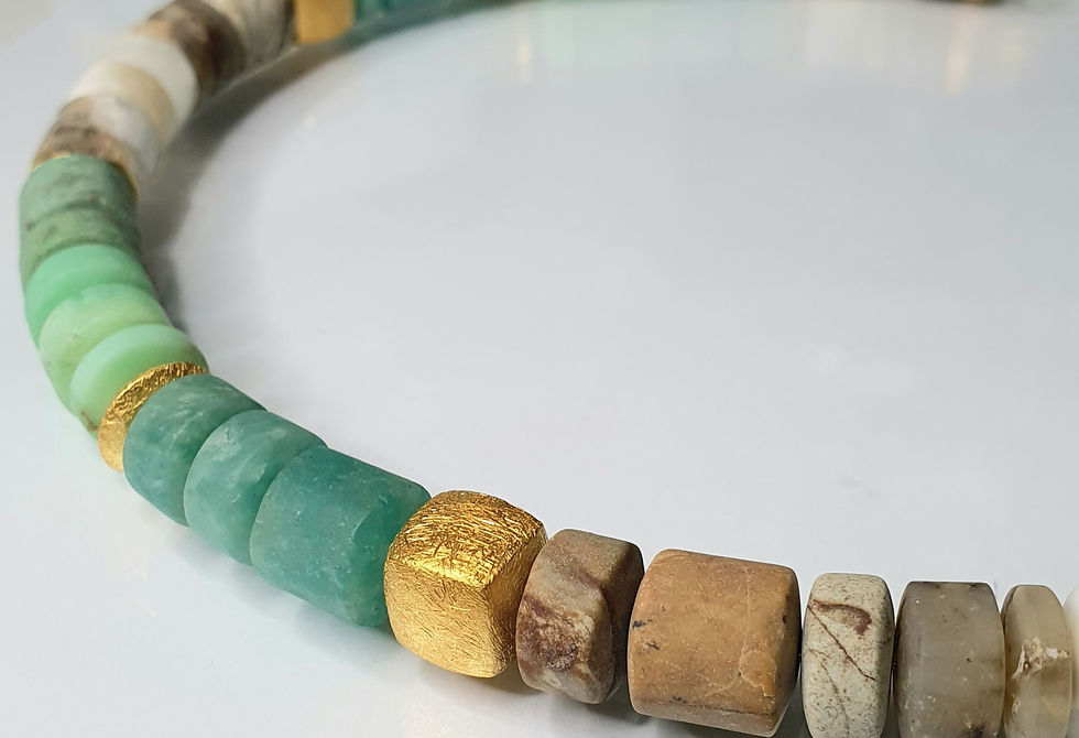 Miniaturbild: Collier mit Jaspis, Amazonit,  Chrsokoll,  Chrysopras,  925er Silber,  vergoldet