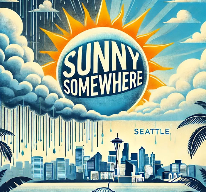 Stylized sun with 'Sunny Seattle' text, surrounded by clouds and sun on left and right