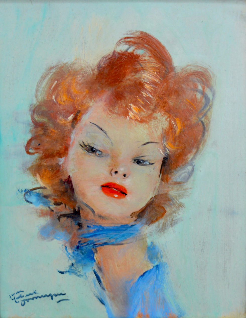 Thumbnail: DOMERGUE Jean-Gabriel (1889-1962)  « Lucie with the bleu scarf»