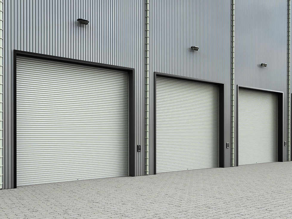 Grey Roller Shutters on Warehouse