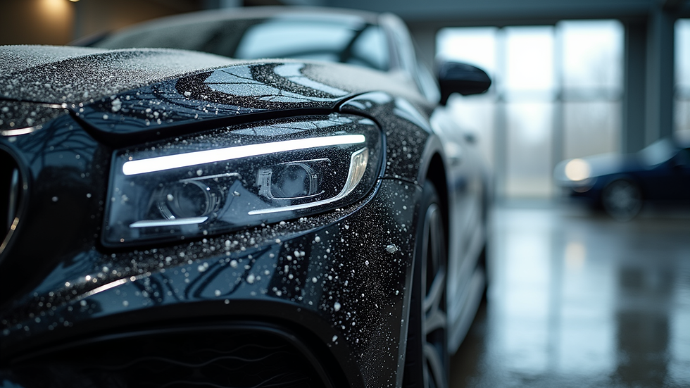 Close-up view of a luxury car’s shiny exterior after a quick wash