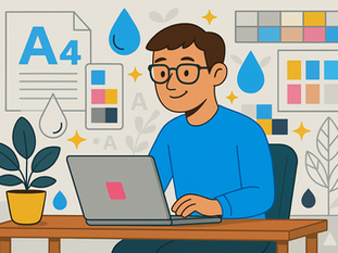 Diseñador gráfico trabajando en su computadora en una imprenta, ilustración animada con colores corporativos de ACCCRE.