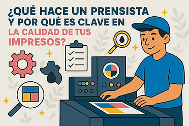 Ilustración digital en estilo plano que muestra a un prensista operando una máquina de impresión offset. A su alrededor aparecen íconos relacionados con el proceso de impresión, como una lupa, una gota de tinta y una lista de control. El diseño utiliza la paleta de colores institucionales de ACCCRE —azul, rosa, amarillo y negro— y acompaña el título “¿Qué hace un prensista y por qué es clave en la calidad de tus impresos?”. Representa la importancia del prensista en garantizar precisión, color y calidad en los materiales impresos.
