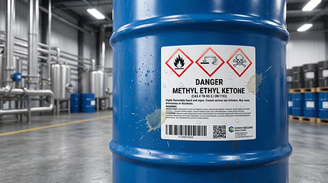 Etiqueta industrial sintética en PET resistente a químicos y rayos UV adherida a tambor industrial bajo norma NOM-018-STPS-2015