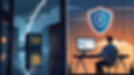 Split image: Left shows a flooded server room with "System Down" text and lightning. Right depicts a person at a desk with a security shield on the screen.