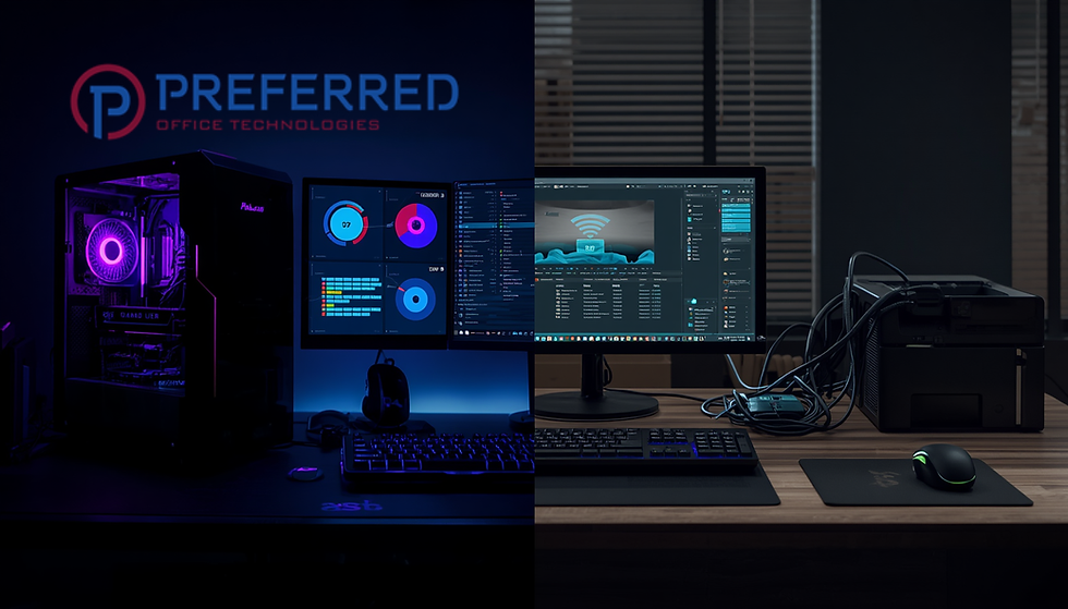 Dual workstations with vibrant screens; left with purple-lit PC, right with printer. Preferred Office Technologies logo above. Dark setting.