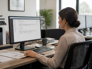 Employee using connected business systems to manage technology, documents and workflows in a modern office.