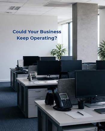 Business continuity after a cyberattack illustrated by an office with unavailable computer systems, emphasizing disaster recovery planning.
