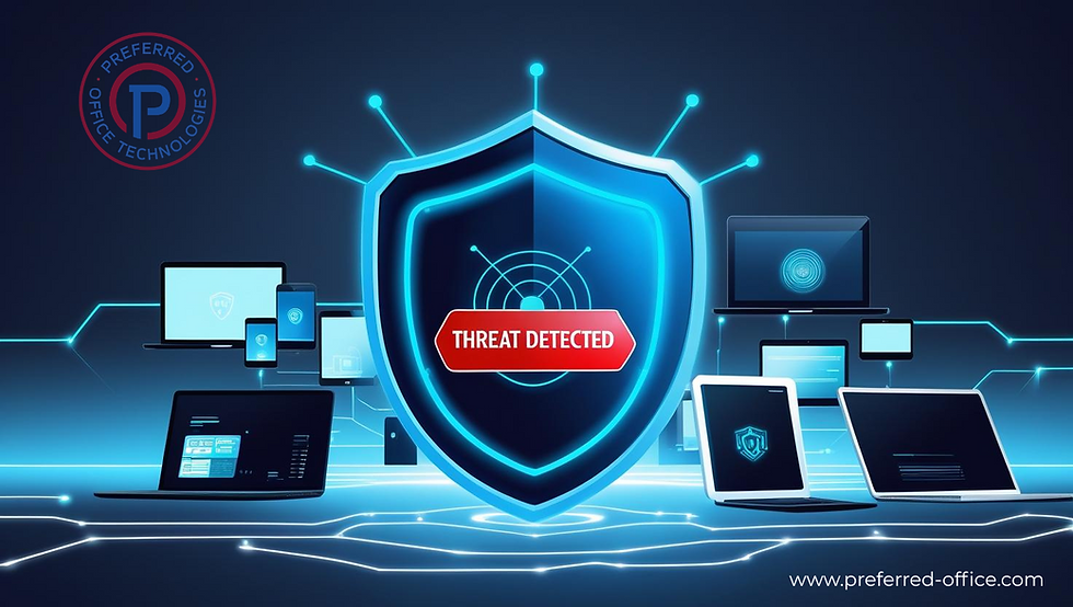 Digital shield with "Threat Detected" sign amid multiple devices on a blue tech background. Logo and URL: "preferred-office.com".