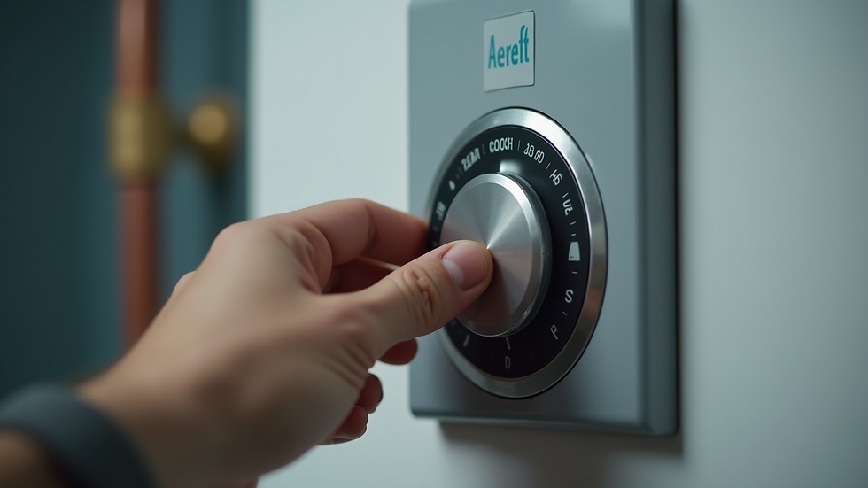 Eye-level view of a water heater thermostat being adjusted