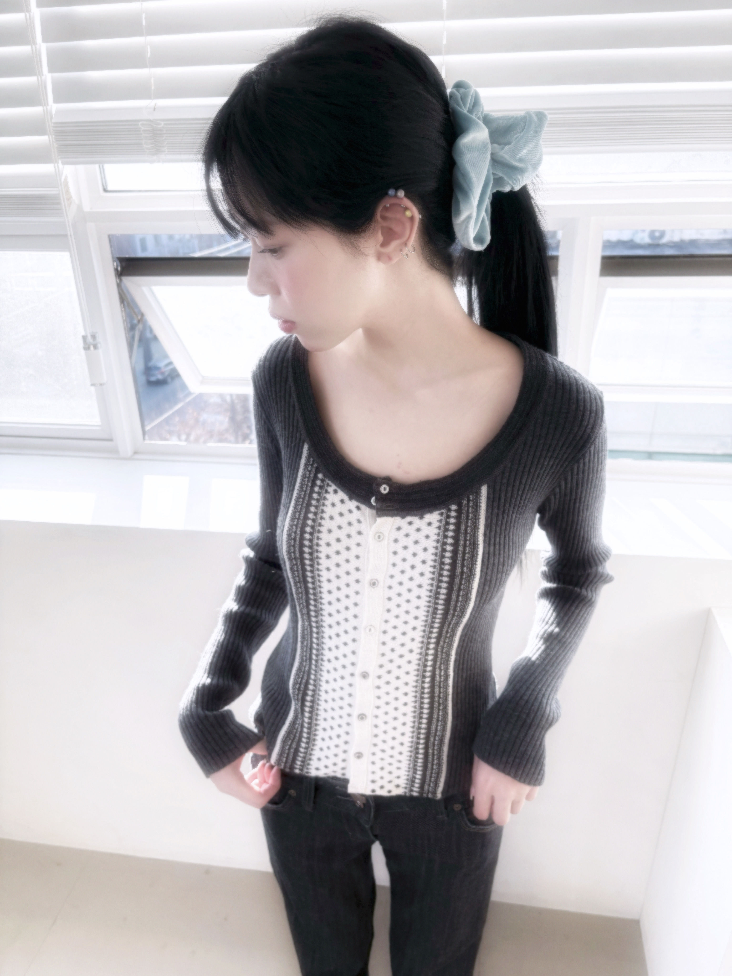 Pattern cropped slim cardigan
