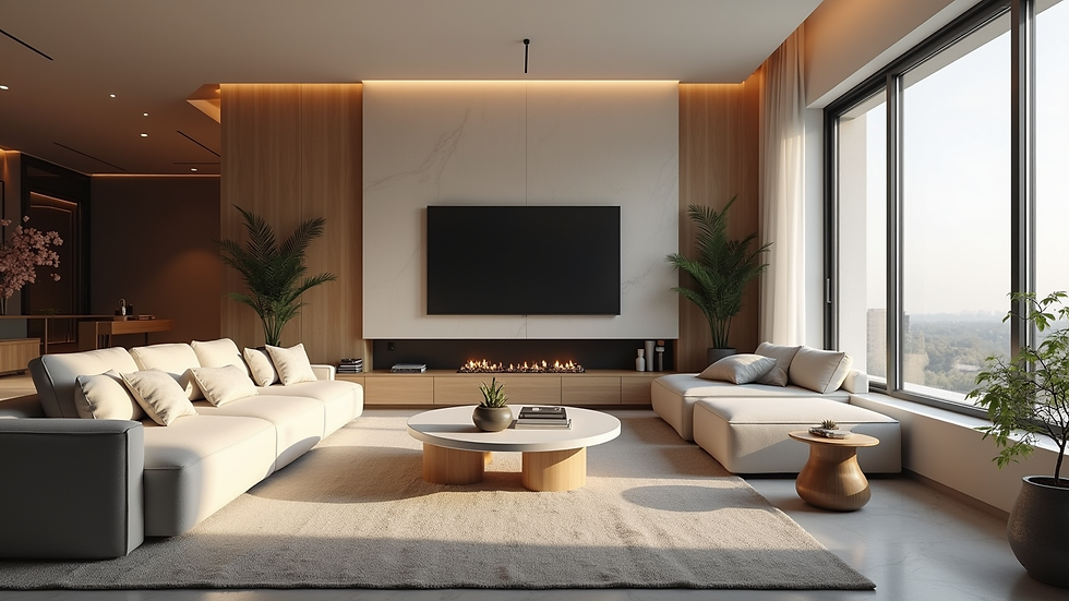 Wide angle view of a living room with smart home technology