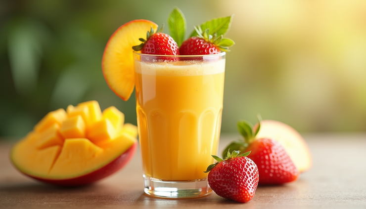 Close-up view of a glass filled with bright orange mango and red strawberry smoothie topped with fresh fruit slices